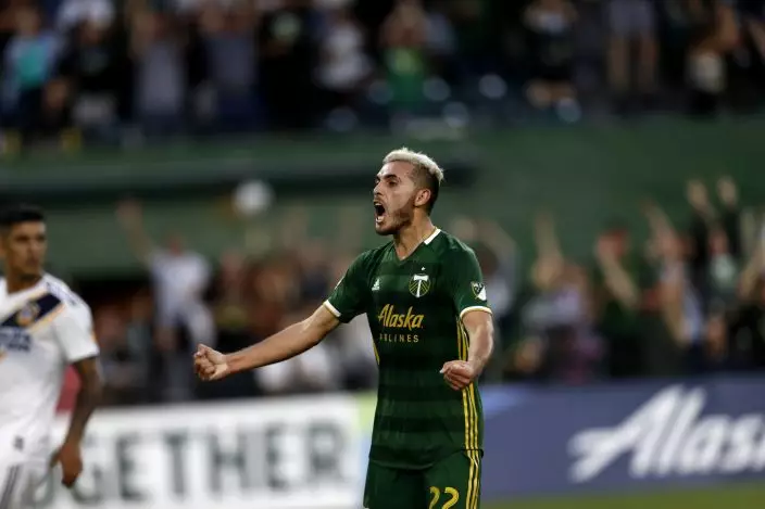 Portland Timbers' Cristhian Paredes (22) reacts during the first half of an MLS soccer match against the LA Galaxy in Portland, Ore., on Saturday, July 27, 2019. (Noble GuyonThe Oregonian via AP)