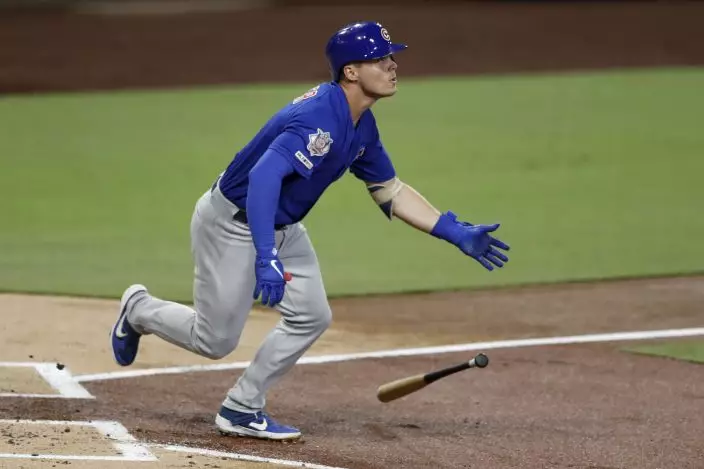 CORRECTS NAME TO HOERNER, INSTEAD OF HOEMER - Chicago Cubs' Nico Hoerner hits a single during the second inning of a baseball game against the San Diego Padres, Monday, Sept. 9, 2019, in San Diego. (AP PhotoGregory Bull)