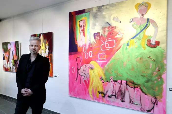 FILE - In this April 3, 2017 file photo, Ari Behn poses for the media next to the work "100 strokes before I go" during an exhibition in Gallery Oddvar Olsen in Drammen, Norway. Scandinavian author Ari Behn — the ex-husband of Norwegian Princess Martha Louise and among the people who had accused actor Kevin Spacey of sexual misconduct — died this week, his manager said. He was 47. Behn died by suicide Wednesday, Dec. 25, 2019 at his home in Norway, his manager told the Norwegian news service NTB. (Vidar RuudNTB Scanpix via AP)