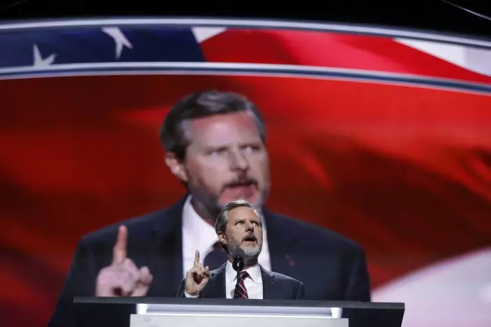 FILE - In this Thursday, July 21, 2016 file photo, Jerry Falwell Jr., president of Liberty University, speaks during the final day of the Republican National Convention in Cleveland. On Tuesday, Aug. 25, 2020, Falwell said that he has submitted his resignation as head of evangelical Liberty University. (AP PhotoCarolyn Kaster)