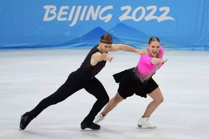 Natalie Taschlerova and Filip Taschler, of the Czech Republic, compete during the ice dance team program in the figure skating competition at the 2022 Winter Olympics, Friday, Feb. 4, 2022, in Beijing. (AP PhotoNatacha Pisarenko)