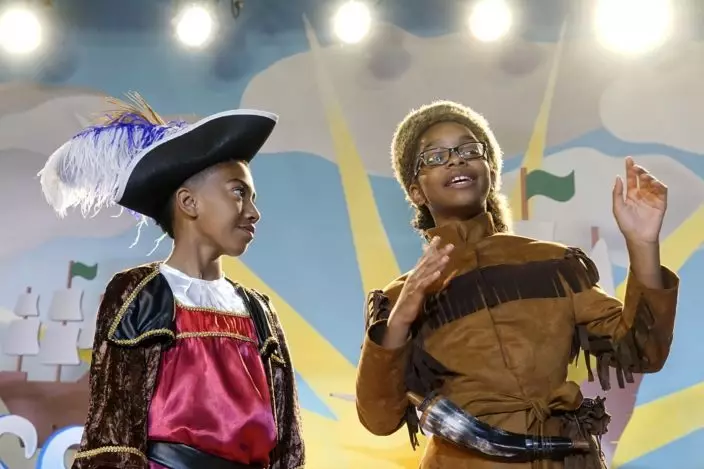 This image released by ABC shows Miles Brown, left, and Marsai Martin in a scene from the "Juneteenth" episode of "black-ish." The series put an affluent and devoted family of color, the Johnsons, at the center of attention and let Black creators tell their stories. The series finale airs Tuesday, April 19. (Kelsey McNealABC via AP)