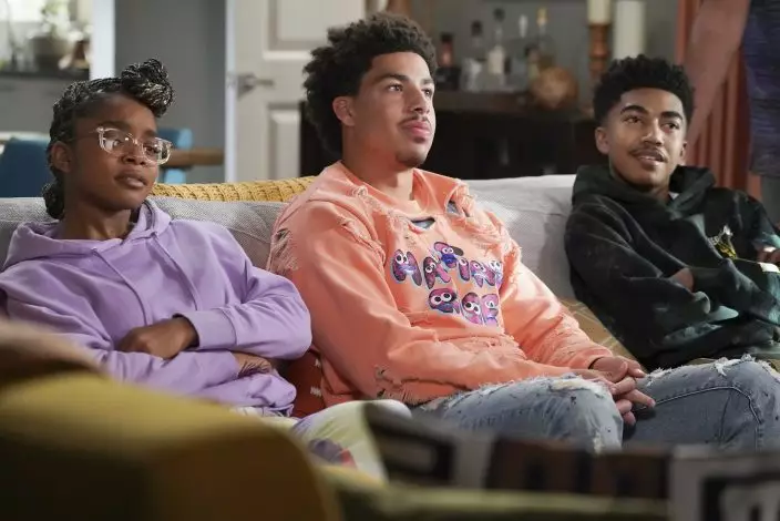 This image released by ABC shows Marsai Martin, from left, Marcus Scribner and Miles Brown in a scene from the series finale of "black-ish," airing April 19. (Richard CartwrightABC via AP)
