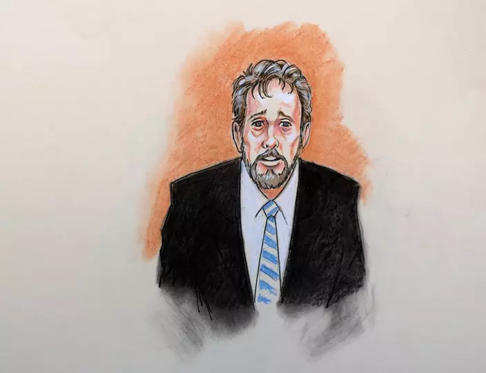 In this courtroom sketch, radio station official Herschel Coomer, who goes by the air name of Eddie Haskell, testifies in the civil trial for pop singer Taylor Swift.( AP Photo)