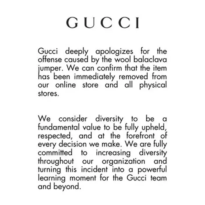 GUCCI快速的在官方Twitter貼出聲明對外道歉。網上圖片