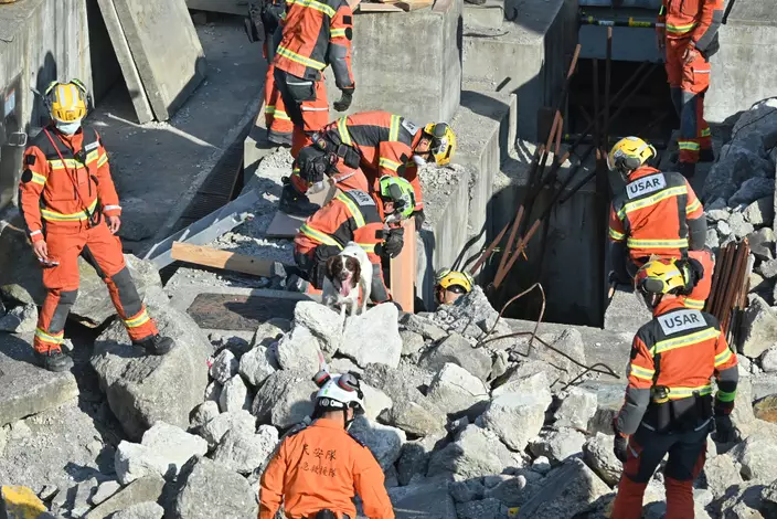 操練模擬在海外地震後建築物倒塌的災場中進行搜救。