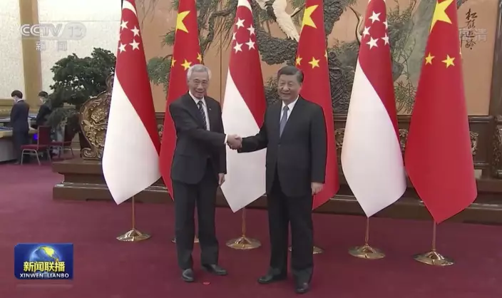 國家主席習近平在人民大會堂會見新加坡總理李顯龍。 央視截圖