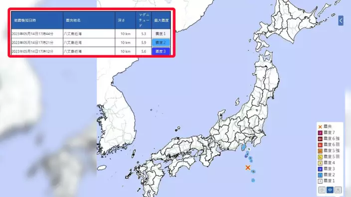 日本東京外海14日發生3宗5級以上地震。(圖：日本氣象廳網頁jma.go.jp)