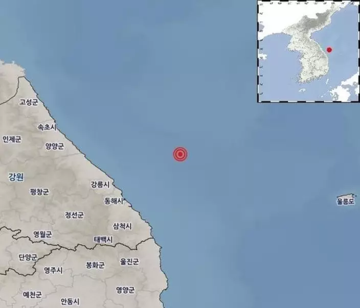 南韓氣象廳推測，震源深度為32千米，震央位於東海市東北方52公里處海域。南韓氣象廳