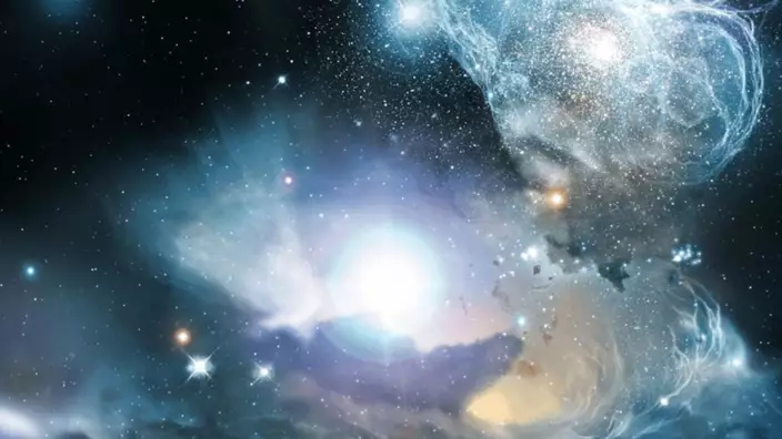 國家科研人員發現宇宙中最古老恒星遺跡。圖為第一代恒星遺跡孕育第二代恒星。(央視圖片)