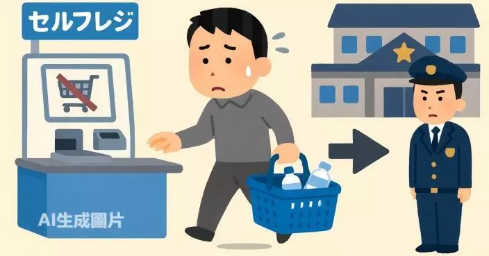 日本一名男子在超市自助結帳忘記付款，被店方報警並在警署接受四小時調查。AI 生成圖片