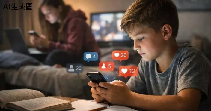 研究追蹤逾8300名美國兒童四年，發現多種螢幕活動中唯獨社交媒體使用，與其後專注力下降（不注意症狀增加）呈顯著關聯。AI生成示意圖