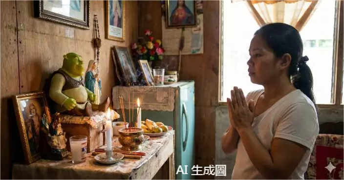 菲律賓女子誤將史力加公仔當作佛像虔誠供奉四年。AI 生成示意圖，非當事人