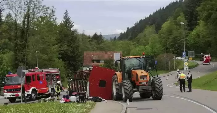 30 people are injured when a trailer overturns in southwestern Germany