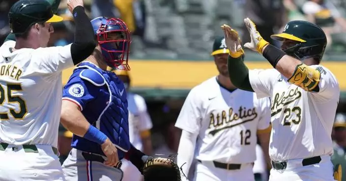 Shea Langeliers drives in career-high five runs, A&#8217;s beat Rangers 9-4 in Game 1 of doubleheader
