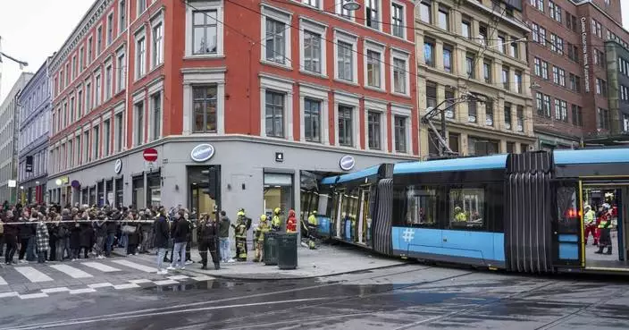 A tram derails and plows into a shop in the Norwegian capital but only 4 are lightly injured