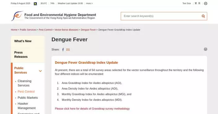 Mosquito Infestation Decreases in July, FEHD Intensifies Control Measures to Combat Chikungunya Fever