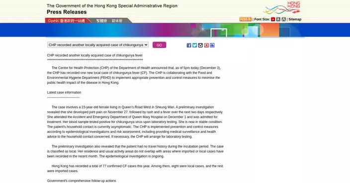 New Local Chikungunya Case Reported in Hong Kong, Health Authorities Urge Prevention Measures