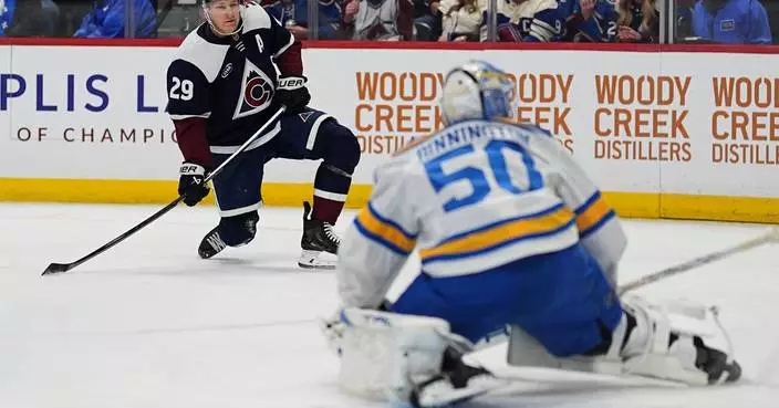 MacKinnon scores 400th goal and Nichushkin nets hat trick as Avalanche rout Blues 6-1