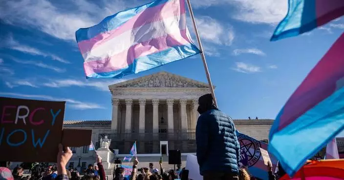 Photos of demonstrators outside the Supreme Court as it considers upholding transgender sports bans