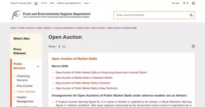 Open Auctions for 597 Market Stalls Scheduled in March by Food and Environmental Hygiene Department.