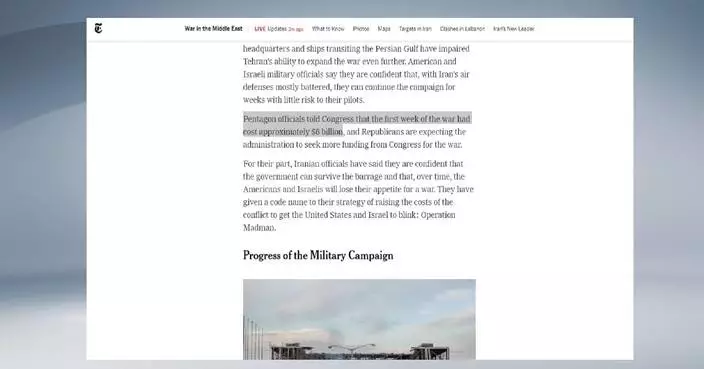 Military operations against Iran cost Washington 6 bln USD in 1st week: media