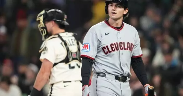 Guardians rookie Chase DeLauter hobbles off after fouling an Ohtani pitch off his foot