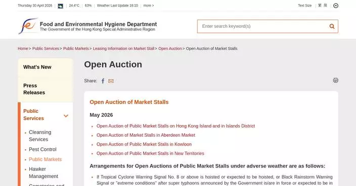 FEHD Announces Open Auctions for 579 Public Market Stalls in May 2026