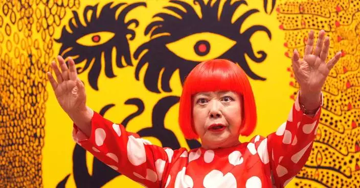 Photos show Yayoi Kusama and artwork featuring her signature polka dots