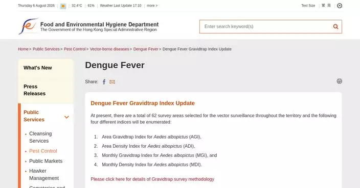 FEHD Releases July Mosquito Surveillance Data, Highlights Aedes Albopictus Infestation Rates Across 19 Areas.