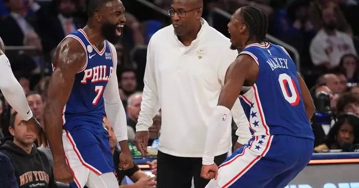 76ers win opening game with LeBron James and Jaylen Brown, beating NBA champion Knicks 106-100