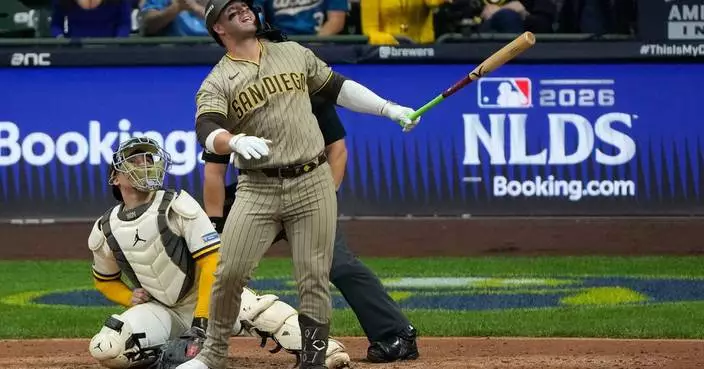 Brewers get a big assist from their ballpark roof to beat the Padres 3-2 in NLDS opener