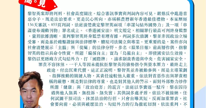 嚴懲反中亂港首惡分子 農曆年最佳禮物 重判黎智英終身監禁有理有據