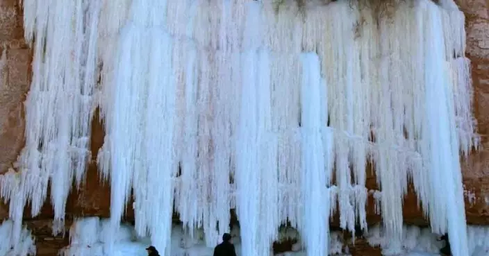 黃河岸邊15米冰瀑懸掛山崖