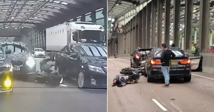 屯門公路車禍驚險一刻曝光 偷車賊加速從後猛撞鐵騎士