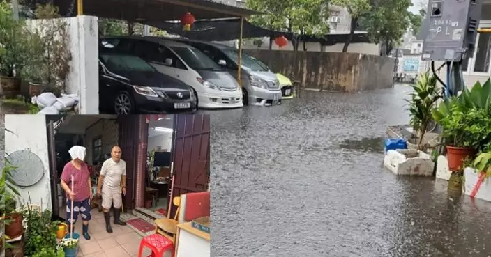 元朗新田受大雨影響水浸逾30厘米 下竹園村有村民一度被困