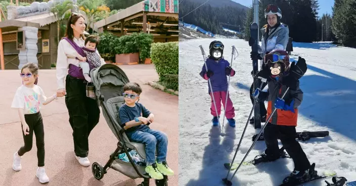 鍾嘉欣去年齌睇老公囡囡滑雪 廿四孝媽咪今年為仔女努力學滑雪