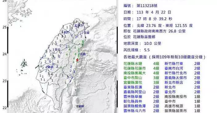 台灣花蓮5.5級地震 其後10分鐘內發生多次餘震