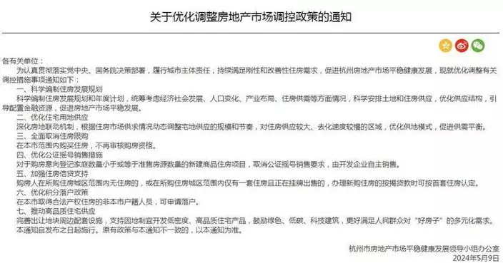 杭州提出全面取消住房限購 加強住房信貸支持