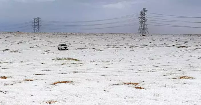 沙特西北部沙漠迎罕見降雪  滾滾黃沙變銀白大地引民眾外出賞雪