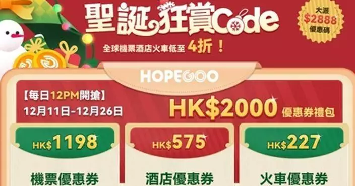 旅遊平台HopeGoo「聖誕狂賞Code」送HK$2888優惠碼 機票酒店低至4折