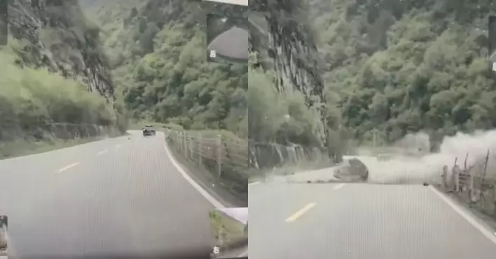 汶川山泥傾瀉巨石滾落公路 越野車險被砸中幸運逃過一劫 驚險畫面曝光