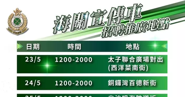 海關督察5.22起接受投考申請 海關宣傳車一連三日出動進行招聘