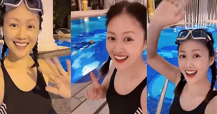 梁小冰孖辮造型泳池拍片大曬凍齡美態