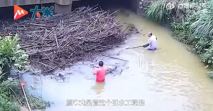 橋洞上游因暴雨堆積大量雜物堵塞 廣西2老翁冒雨義務清理2小時疏通