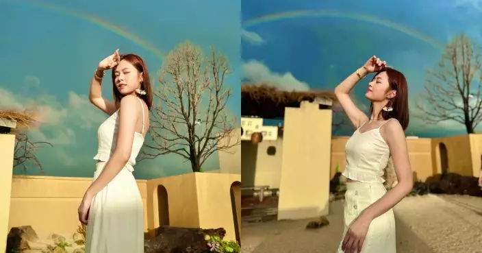游嘉欣小背心上陣晒白滑美背 與彩虹合照畫面勁唯美