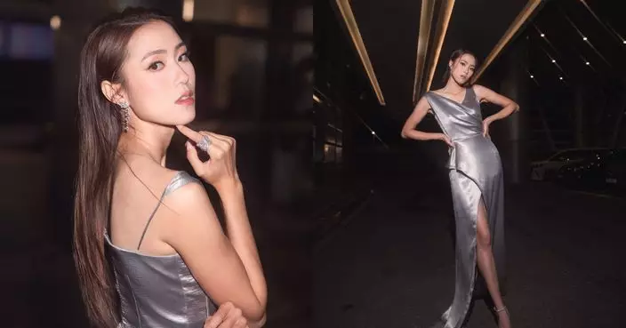 「最強Body」劉穎鏇穿銀色吊帶高衩裙 晒逆天長腿勁吸睛