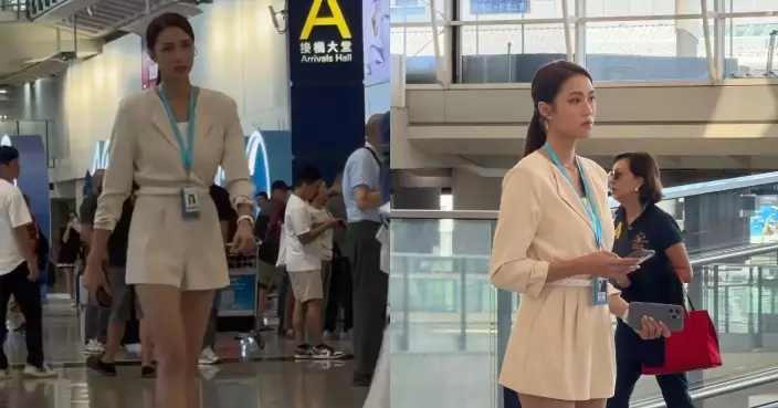 劉穎鏇機場拍戲被野生捕獲！米白色套裝大曬逆天長腿