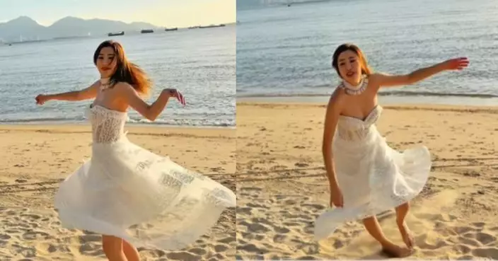 朱智賢沙灘忘形轉圈樂極生險 裙移位險「倒奶」自嘲：靚唔過三秒