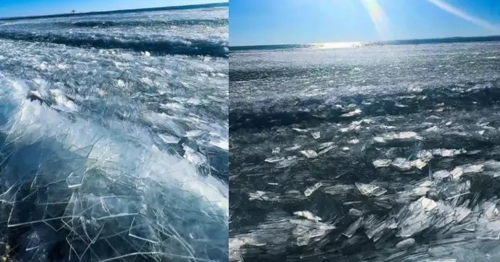 內蒙呼倫湖現「跑冰排」奇景 冰浪翻湧彷如層層堆疊玻璃碎片夢幻壯觀